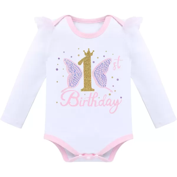 IDOPIP Butterfly 1st Birthday Outfit Baby Girl Sequin Butterfly Romper Tutu Skirt Headband Costume for Cake Smash Photo ShootPink  Long Sleeve