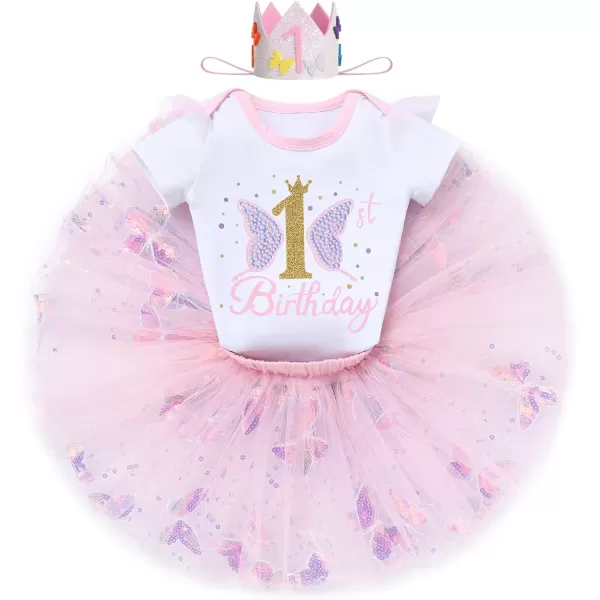 IDOPIP Butterfly 1st Birthday Outfit Baby Girl Sequin Butterfly Romper Tutu Skirt Headband Costume for Cake Smash Photo ShootPink Butterfly