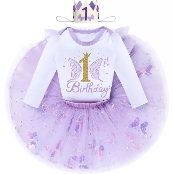 IDOPIP Butterfly 1st Birthday Outfit Baby Girl Sequin Butterfly Romper Tutu Skirt Headband Costume for Cake Smash Photo ShootPurple  Long Sleeve