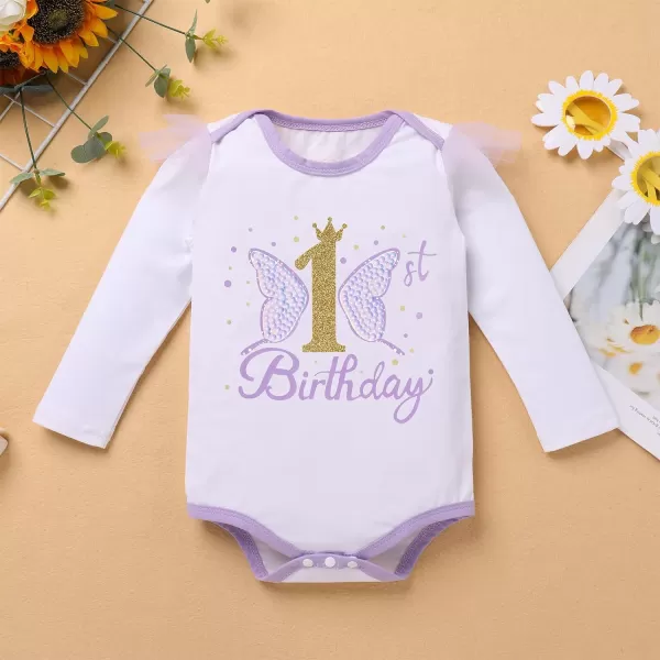IDOPIP Butterfly 1st Birthday Outfit Baby Girl Sequin Butterfly Romper Tutu Skirt Headband Costume for Cake Smash Photo ShootPurple  Long Sleeve