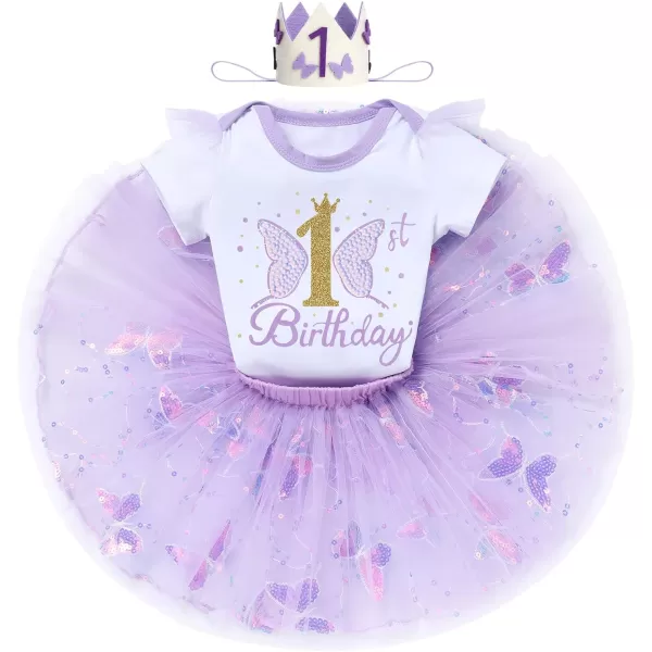 IDOPIP Butterfly 1st Birthday Outfit Baby Girl Sequin Butterfly Romper Tutu Skirt Headband Costume for Cake Smash Photo ShootPurple Butterfly