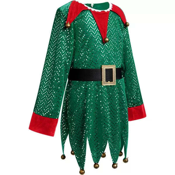 IDOPIP Christmas Elf Costume for Kids Girls Santa Elf Dress up Cosplay Xmas Suit Festival Outfit with Dress Belt Hat Sock SetGreen