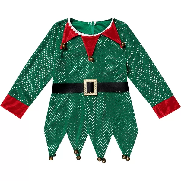 IDOPIP Christmas Elf Costume for Kids Girls Santa Elf Dress up Cosplay Xmas Suit Festival Outfit with Dress Belt Hat Sock SetGreen