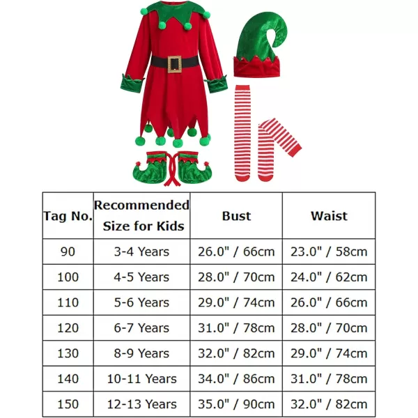 IDOPIP Christmas Elf Costume for Kids Girls Santa Elf Dress up Cosplay Xmas Suit Festival Outfit with Dress Belt Hat Sock SetRed  Green