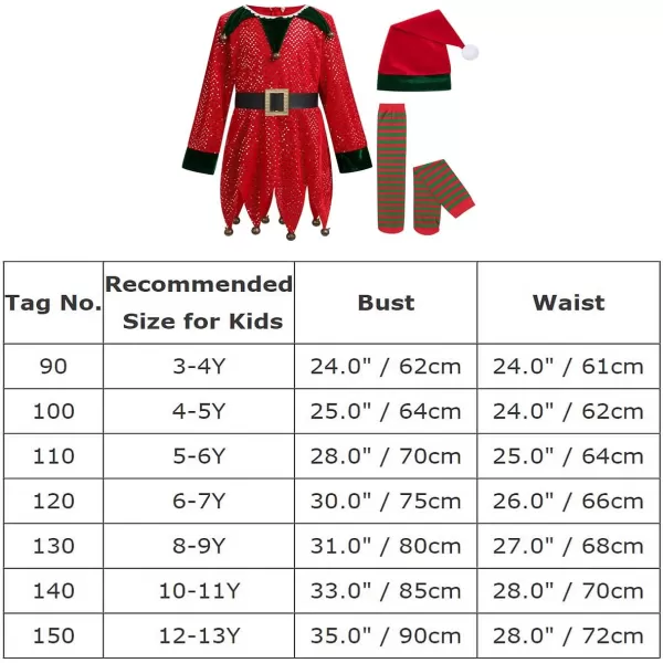 IDOPIP Christmas Elf Costume for Kids Girls Santa Elf Dress up Cosplay Xmas Suit Festival Outfit with Dress Belt Hat Sock SetRed