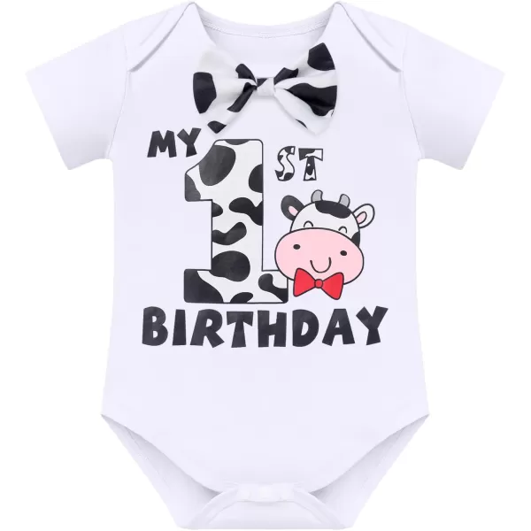 IDOPIP Circus Cake Smash Outfit for Baby Boy First Birthday Romper Diaper Cover Suspender Headband Hat Party Dress up Costume3pcs White Cow 1st Birthday