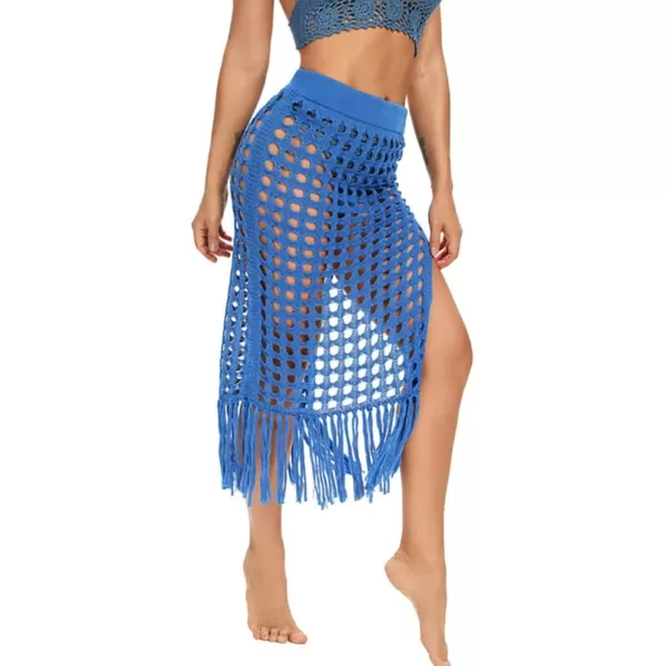 IDOPIP Crochet Cover up for Women Long Hollow Out Beach Sarongs Coverups Tassel Bikini Wrap Skirt Sheer Swimsuit Bathing SuitDark Blue