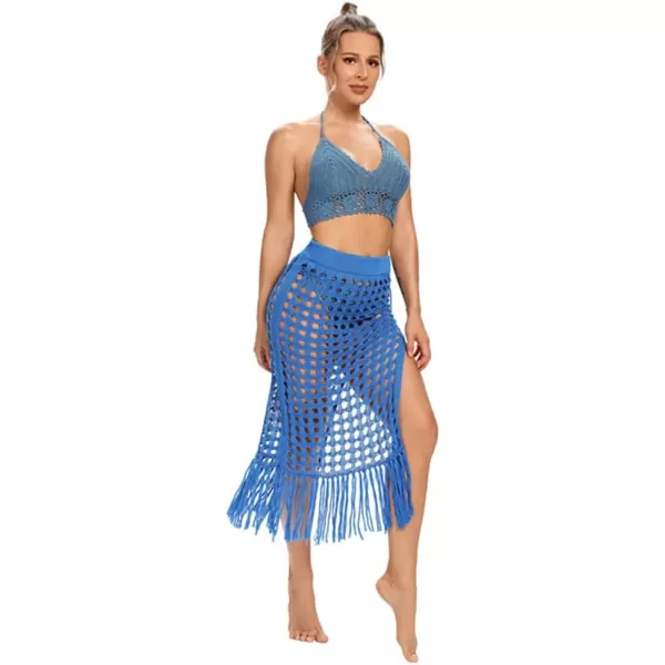 IDOPIP Crochet Cover up for Women Long Hollow Out Beach Sarongs Coverups Tassel Bikini Wrap Skirt Sheer Swimsuit Bathing SuitDark Blue