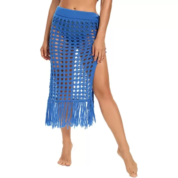 IDOPIP Crochet Cover up for Women Long Hollow Out Beach Sarongs Coverups Tassel Bikini Wrap Skirt Sheer Swimsuit Bathing SuitDark Blue