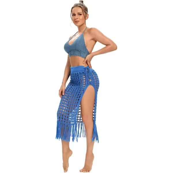 IDOPIP Crochet Cover up for Women Long Hollow Out Beach Sarongs Coverups Tassel Bikini Wrap Skirt Sheer Swimsuit Bathing SuitDark Blue