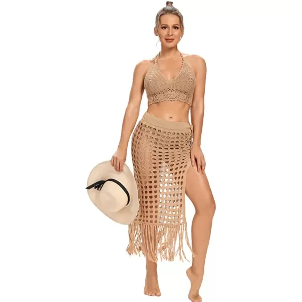 IDOPIP Crochet Cover up for Women Long Hollow Out Beach Sarongs Coverups Tassel Bikini Wrap Skirt Sheer Swimsuit Bathing SuitKhaki