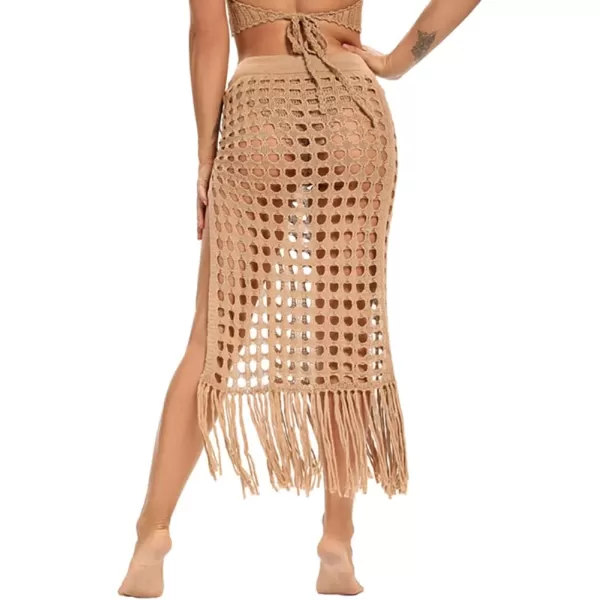 IDOPIP Crochet Cover up for Women Long Hollow Out Beach Sarongs Coverups Tassel Bikini Wrap Skirt Sheer Swimsuit Bathing SuitKhaki