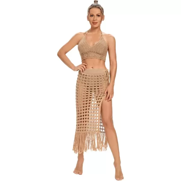 IDOPIP Crochet Cover up for Women Long Hollow Out Beach Sarongs Coverups Tassel Bikini Wrap Skirt Sheer Swimsuit Bathing SuitKhaki