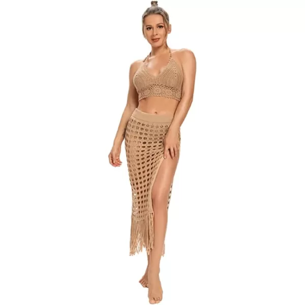 IDOPIP Crochet Cover up for Women Long Hollow Out Beach Sarongs Coverups Tassel Bikini Wrap Skirt Sheer Swimsuit Bathing SuitKhaki