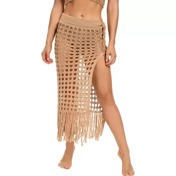 IDOPIP Crochet Cover up for Women Long Hollow Out Beach Sarongs Coverups Tassel Bikini Wrap Skirt Sheer Swimsuit Bathing SuitKhaki