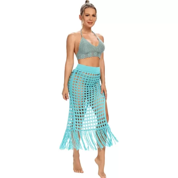 IDOPIP Crochet Cover up for Women Long Hollow Out Beach Sarongs Coverups Tassel Bikini Wrap Skirt Sheer Swimsuit Bathing SuitLake Blue