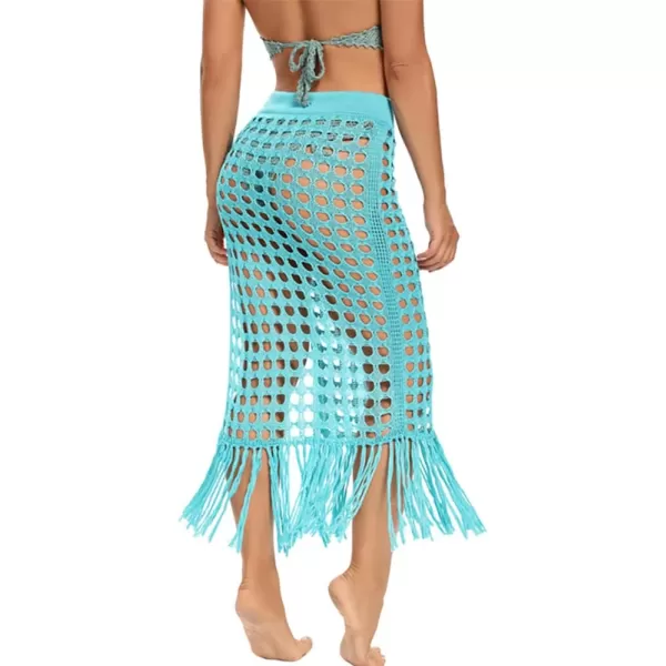 IDOPIP Crochet Cover up for Women Long Hollow Out Beach Sarongs Coverups Tassel Bikini Wrap Skirt Sheer Swimsuit Bathing SuitLake Blue