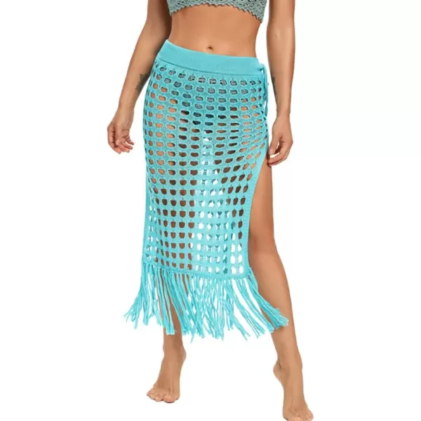 IDOPIP Crochet Cover up for Women Long Hollow Out Beach Sarongs Coverups Tassel Bikini Wrap Skirt Sheer Swimsuit Bathing SuitLake Blue