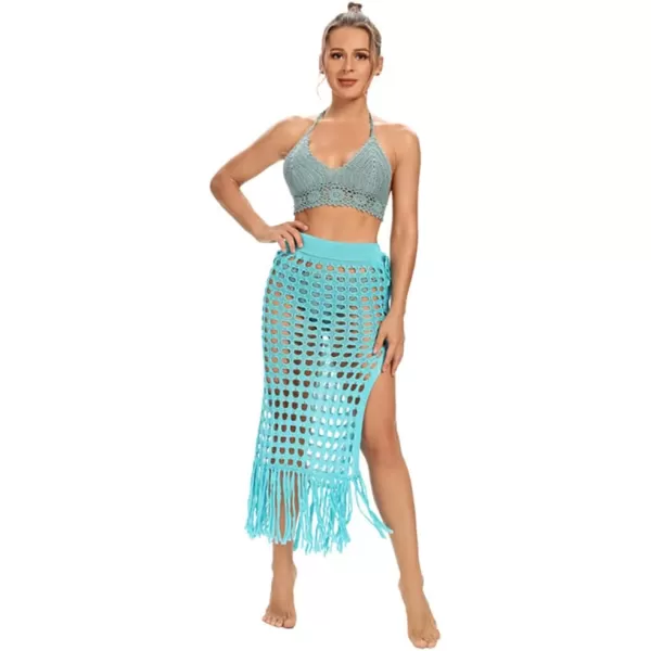 IDOPIP Crochet Cover up for Women Long Hollow Out Beach Sarongs Coverups Tassel Bikini Wrap Skirt Sheer Swimsuit Bathing SuitLake Blue