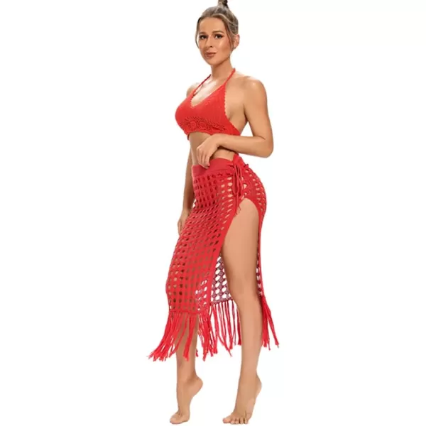 IDOPIP Crochet Cover up for Women Long Hollow Out Beach Sarongs Coverups Tassel Bikini Wrap Skirt Sheer Swimsuit Bathing SuitRed