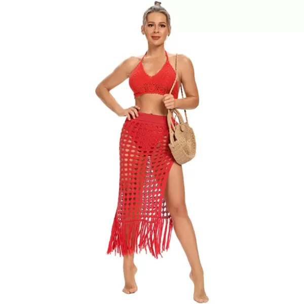 IDOPIP Crochet Cover up for Women Long Hollow Out Beach Sarongs Coverups Tassel Bikini Wrap Skirt Sheer Swimsuit Bathing SuitRed