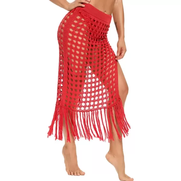 IDOPIP Crochet Cover up for Women Long Hollow Out Beach Sarongs Coverups Tassel Bikini Wrap Skirt Sheer Swimsuit Bathing SuitRed