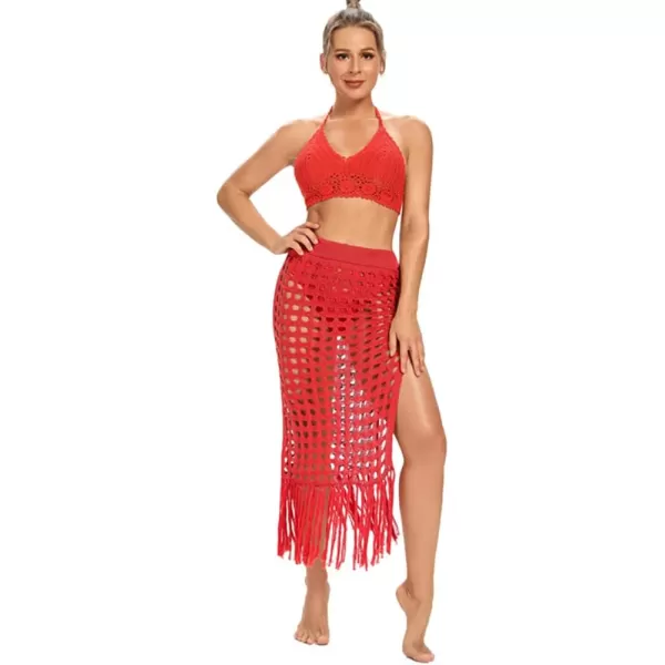 IDOPIP Crochet Cover up for Women Long Hollow Out Beach Sarongs Coverups Tassel Bikini Wrap Skirt Sheer Swimsuit Bathing SuitRed