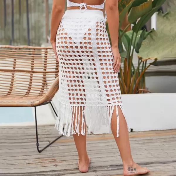 IDOPIP Crochet Cover up for Women Long Hollow Out Beach Sarongs Coverups Tassel Bikini Wrap Skirt Sheer Swimsuit Bathing SuitWhite