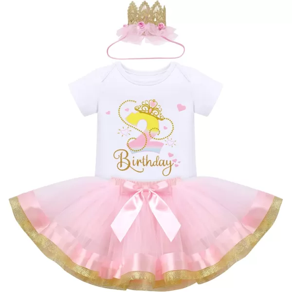 IDOPIP Crown 1st 2nd 3rd Birthday Outfit Baby Girl Shiny Crown Romper Tutu Skirt Headband Clothes for Cake Smash Photo ShootPink  2nd Birthday