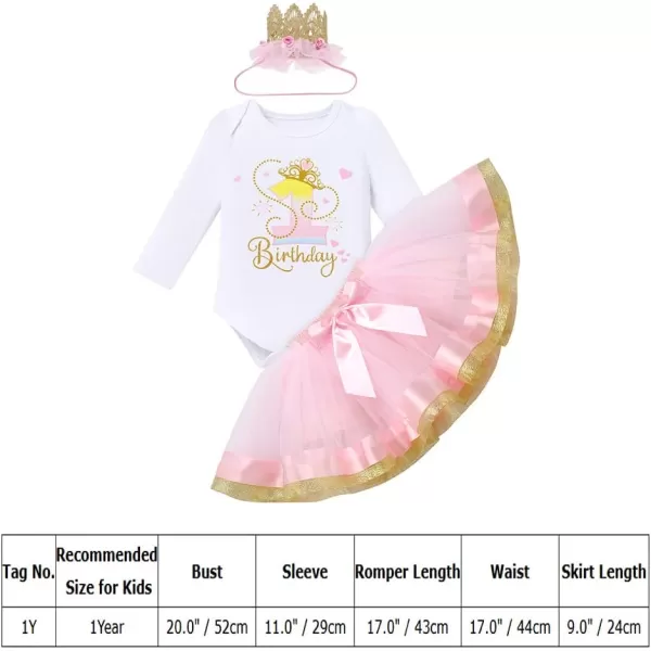 IDOPIP Crown 1st 2nd 3rd Birthday Outfit Baby Girl Shiny Crown Romper Tutu Skirt Headband Clothes for Cake Smash Photo ShootPink 1st  Long Sleeve