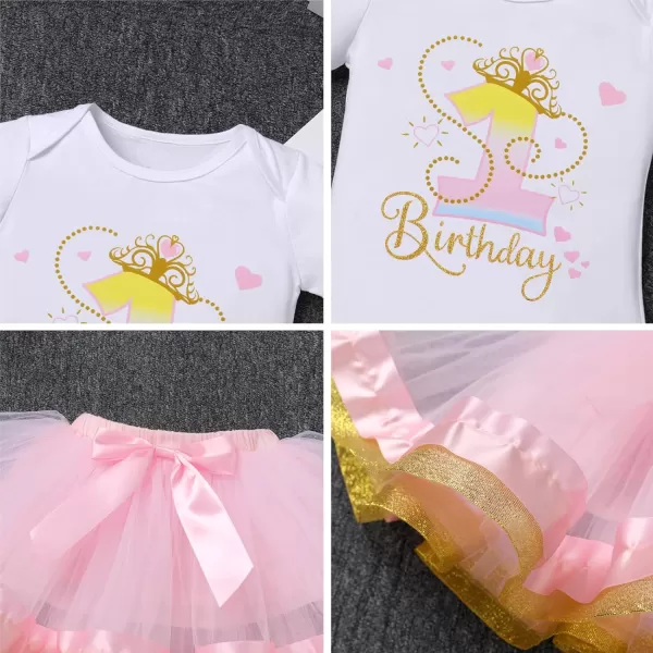 IDOPIP Crown 1st 2nd 3rd Birthday Outfit Baby Girl Shiny Crown Romper Tutu Skirt Headband Clothes for Cake Smash Photo ShootPink 1st  Long Sleeve