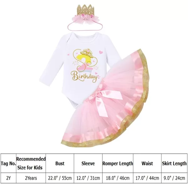 IDOPIP Crown 1st 2nd 3rd Birthday Outfit Baby Girl Shiny Crown Romper Tutu Skirt Headband Clothes for Cake Smash Photo ShootPink 2nd  Long Sleeve