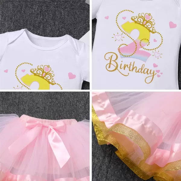 IDOPIP Crown 1st 2nd 3rd Birthday Outfit Baby Girl Shiny Crown Romper Tutu Skirt Headband Clothes for Cake Smash Photo ShootPink 2nd  Long Sleeve