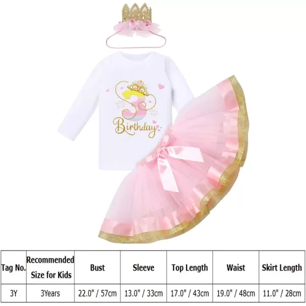 IDOPIP Crown 1st 2nd 3rd Birthday Outfit Baby Girl Shiny Crown Romper Tutu Skirt Headband Clothes for Cake Smash Photo ShootPink 3rd  Long Sleeve