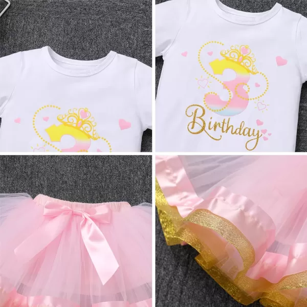 IDOPIP Crown 1st 2nd 3rd Birthday Outfit Baby Girl Shiny Crown Romper Tutu Skirt Headband Clothes for Cake Smash Photo ShootPink 3rd  Long Sleeve