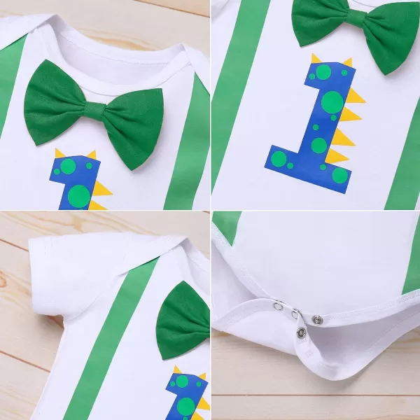 IDOPIP Dinosaur 1st Birthday Boy Outfit for Baby Dinoasur Cake Smash Photo Props Romper Suspenders Shorts Headband CostumeGreen Dinosaur  Triangle Shorts