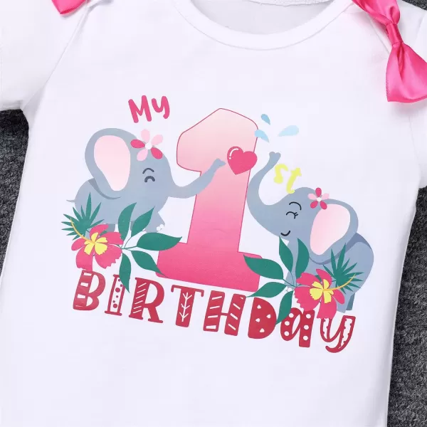 IDOPIP Elephant 1st Birthday Outfit Baby Girl Elephant Romper Tutu Skirt Headband 3PCS Clothes Set for Cake Smash Photo ShootHot Pink  Pink