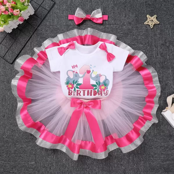 IDOPIP Elephant 1st Birthday Outfit Baby Girl Elephant Romper Tutu Skirt Headband 3PCS Clothes Set for Cake Smash Photo ShootHot Pink  Pink