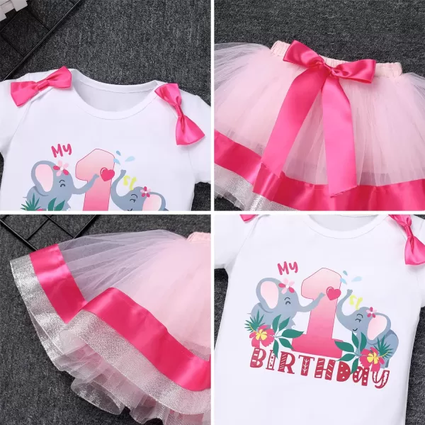 IDOPIP Elephant 1st Birthday Outfit Baby Girl Elephant Romper Tutu Skirt Headband 3PCS Clothes Set for Cake Smash Photo ShootHot Pink  Pink