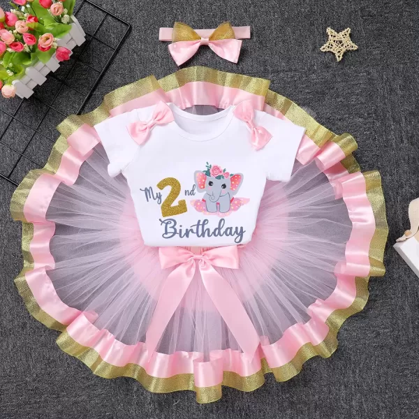 IDOPIP Elephant 1st Birthday Outfit Baby Girl Elephant Romper Tutu Skirt Headband 3PCS Clothes Set for Cake Smash Photo ShootPink 2nd Birthday