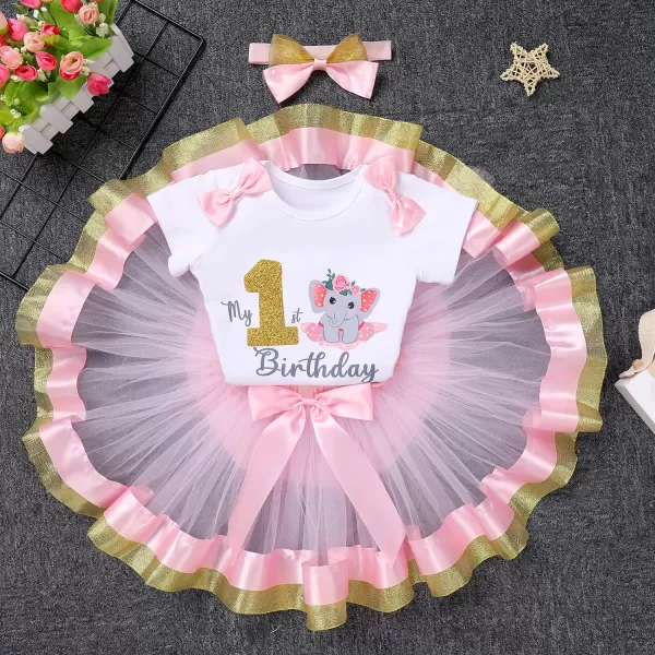 IDOPIP Elephant 1st Birthday Outfit Baby Girl Elephant Romper Tutu Skirt Headband 3PCS Clothes Set for Cake Smash Photo ShootPink