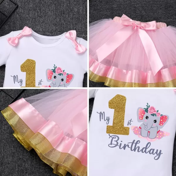 IDOPIP Elephant 1st Birthday Outfit Baby Girl Elephant Romper Tutu Skirt Headband 3PCS Clothes Set for Cake Smash Photo ShootPink