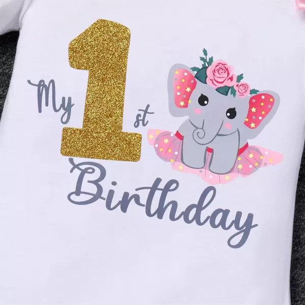 IDOPIP Elephant 1st Birthday Outfit Baby Girl Elephant Romper Tutu Skirt Headband 3PCS Clothes Set for Cake Smash Photo ShootPink