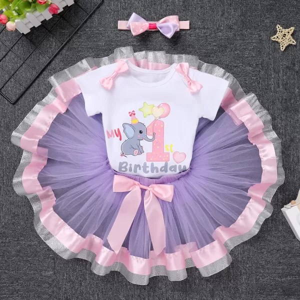 IDOPIP Elephant 1st Birthday Outfit Baby Girl Elephant Romper Tutu Skirt Headband 3PCS Clothes Set for Cake Smash Photo ShootPurple  Pink