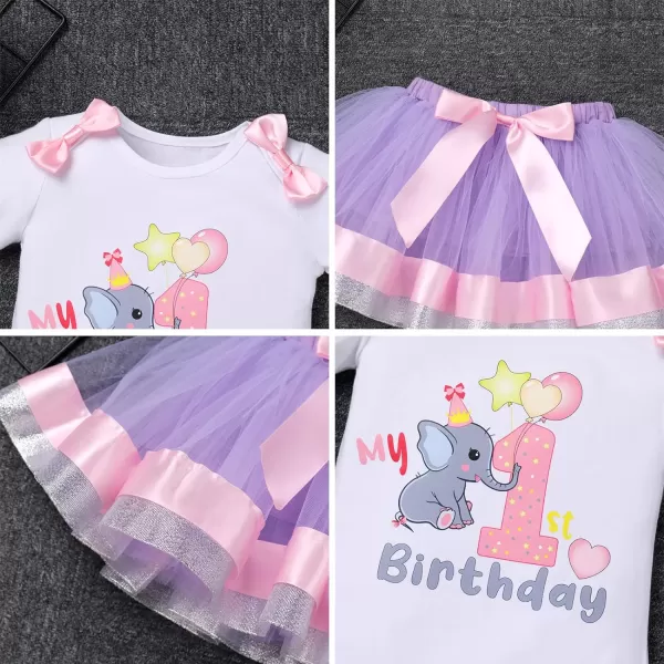 IDOPIP Elephant 1st Birthday Outfit Baby Girl Elephant Romper Tutu Skirt Headband 3PCS Clothes Set for Cake Smash Photo ShootPurple  Pink