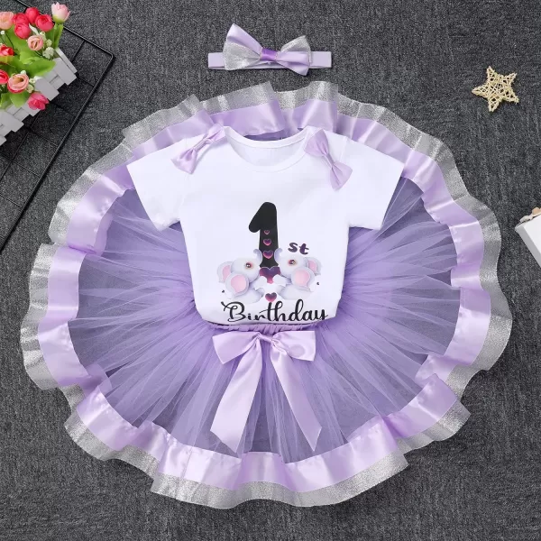 IDOPIP Elephant 1st Birthday Outfit Baby Girl Elephant Romper Tutu Skirt Headband 3PCS Clothes Set for Cake Smash Photo ShootPurple