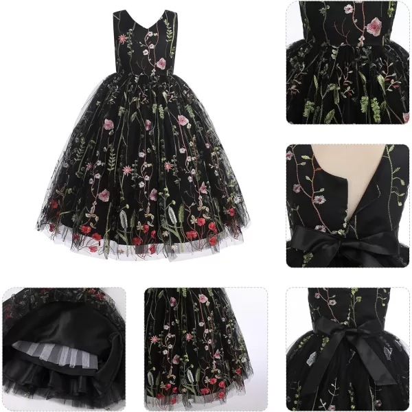 IDOPIP Embroidery Flower Girl Lace Dress for Kids Wedding Pageant Party First Communion Dresses Princess Bridesmaid Maxi GownBlack