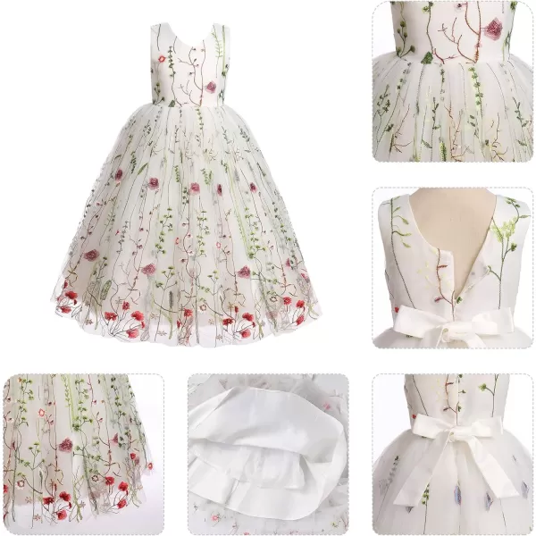 IDOPIP Embroidery Flower Girl Lace Dress for Kids Wedding Pageant Party First Communion Dresses Princess Bridesmaid Maxi GownWhite