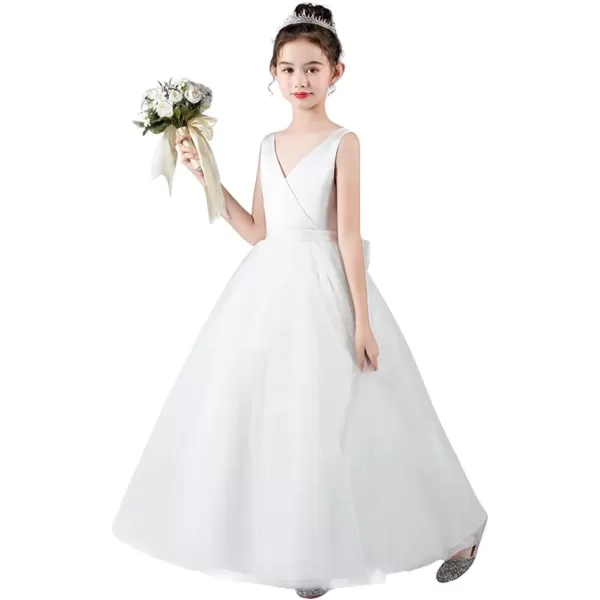 IDOPIP Flower Girl Backless Bowknot Pageant Princess Long Maxi Dresses for Girls Kids Wedding Bridesmaid Formal Party GownWhite  Sleeveless