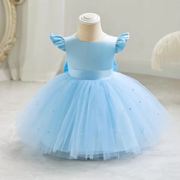 IDOPIP Flower Girl Bowknot Tutu Dress for Kids Baby Princess Wedding Bridesmaid Birthday Party Pageant Baptism Dresses 6M10TBlue  Vback